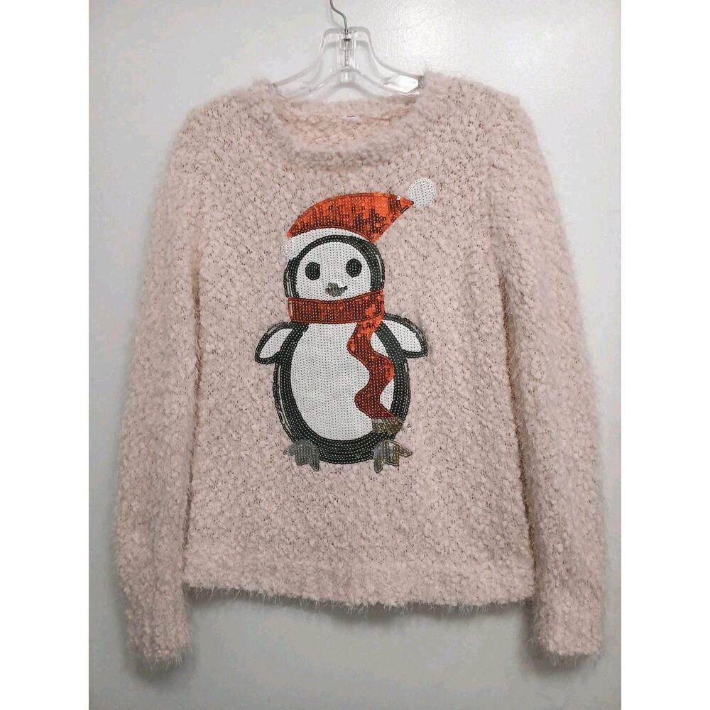 Vintage Penguin Sequins Christmas Sweater Women‎ Size XS Pink Long Sleeve Fuzzy